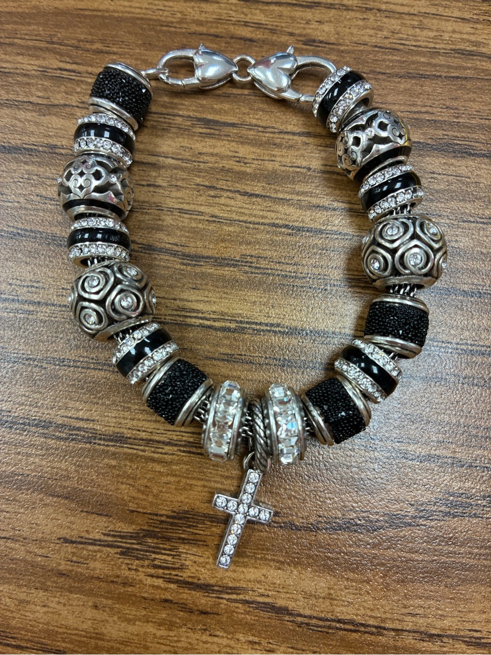 Brighton Silver-Tone Bracelet with Black Accents and Crystal Cross